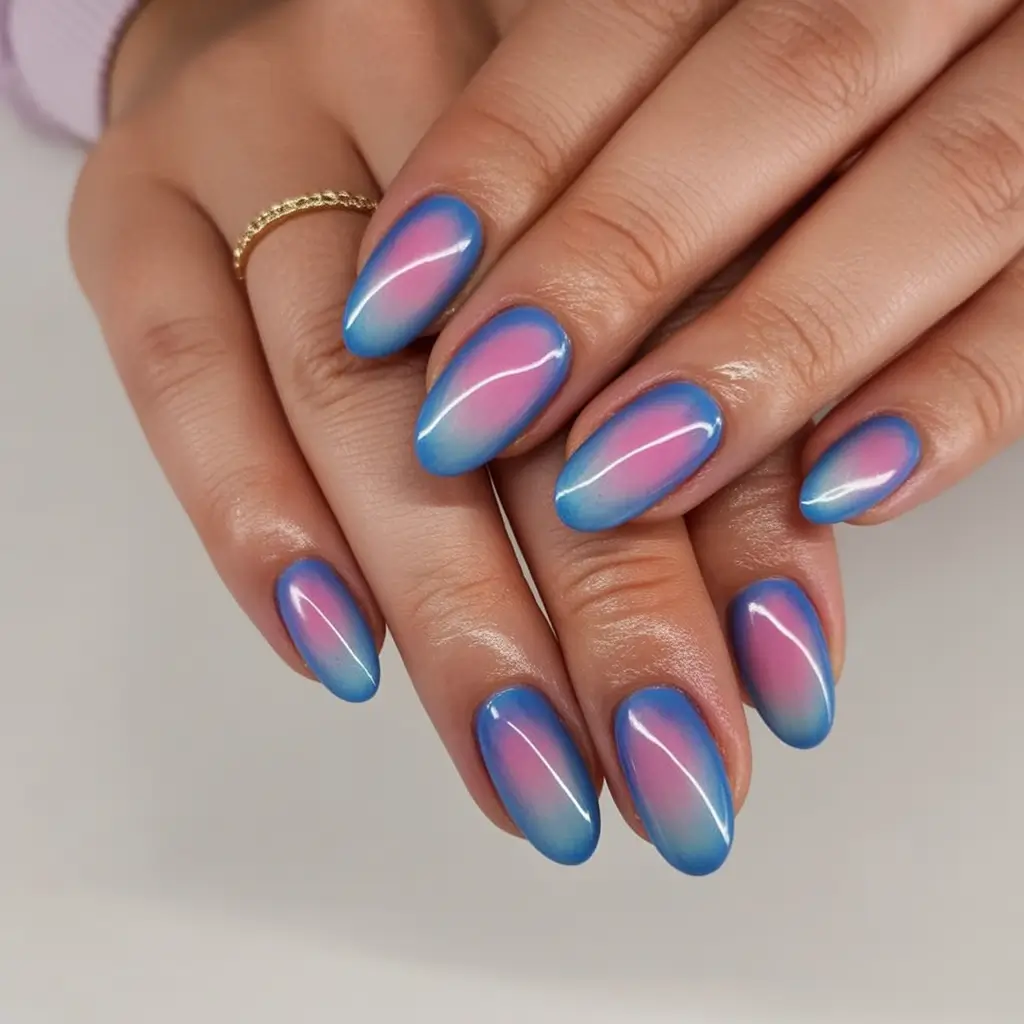 Summer 2025 Nail Designs to Try Chrome Aura in Blue & Pink