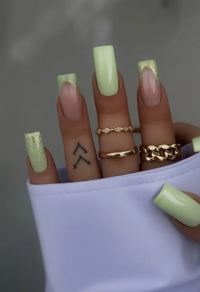 Summer 2025 Nail Designs to Try Mint Green With Golden Sparkle Tips