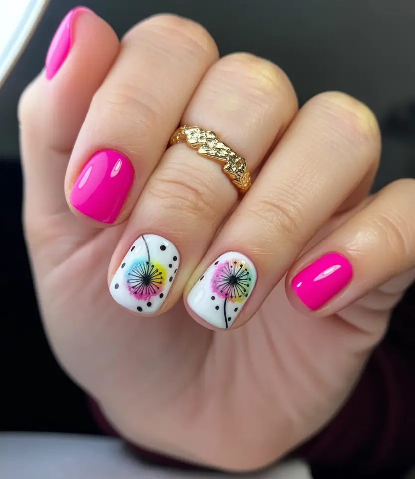 Summer 2025 Nail Designs to Try Pink Dandelion Dots On White And Fuchsia