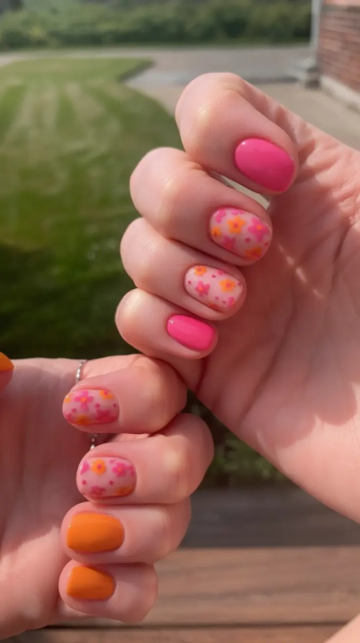 Summer 2025 Nail Designs to Try Micro Floral Meadow With Pink And Orange Mix
