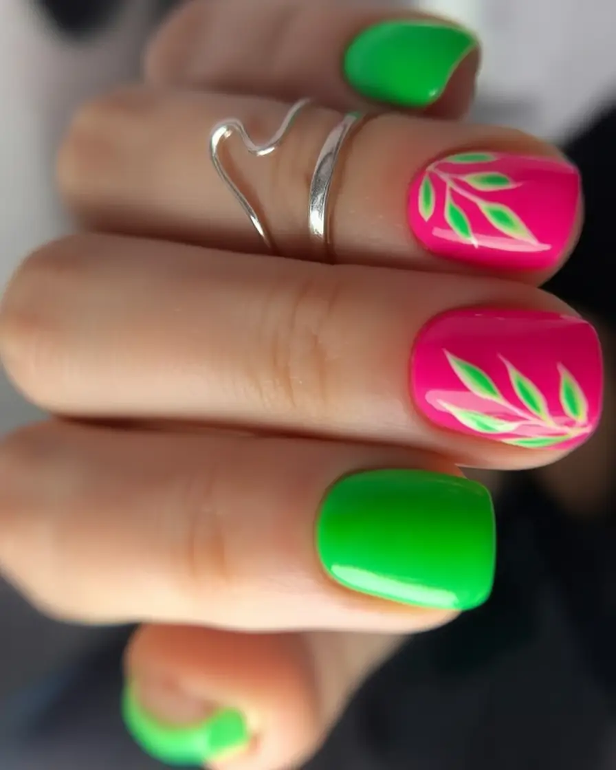 Summer 2025 Nail Designs to Try Neon Green Meets Tropical Leaf Art