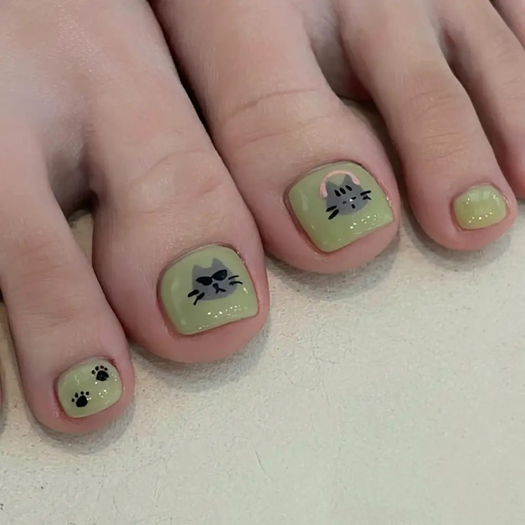 Toe Designs to Try in Summer 2025 Cat-itude: Green Base With Graphic Faces