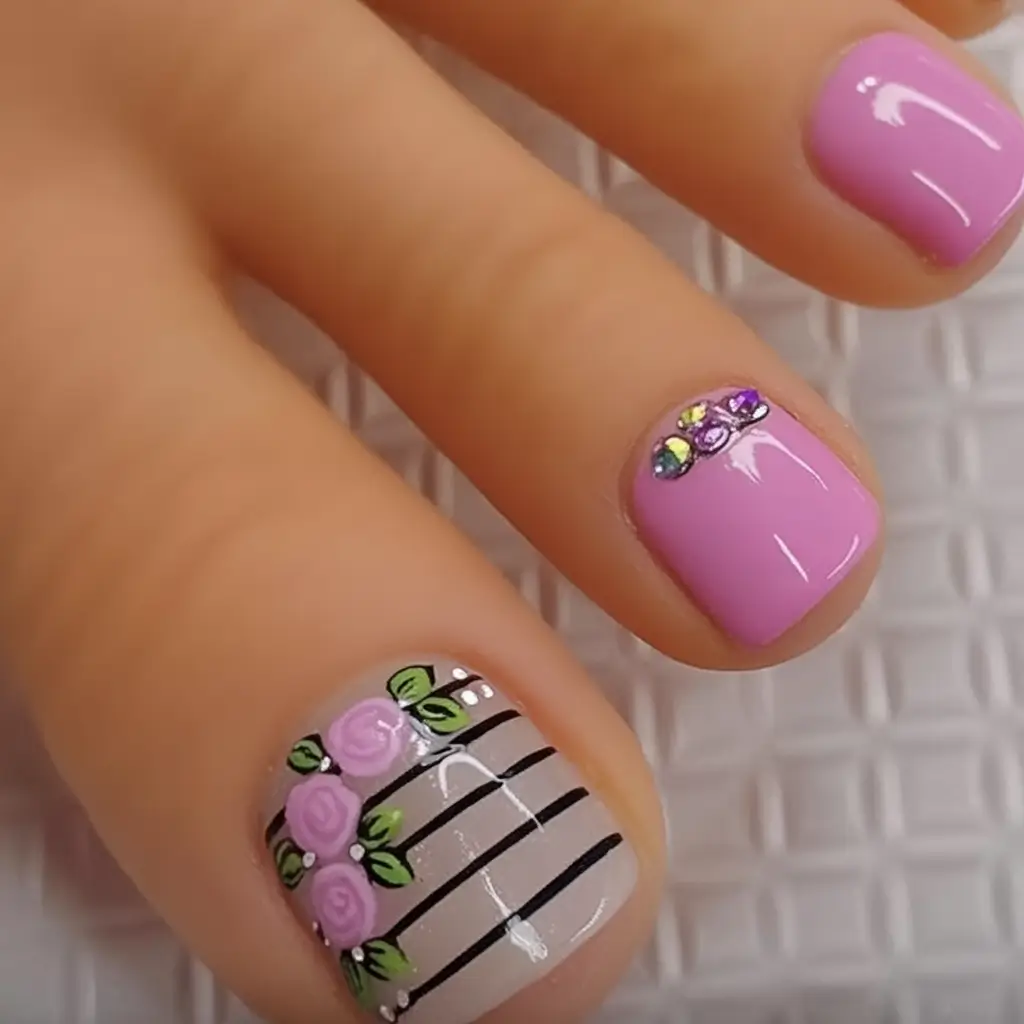 Toe Designs to Try in Summer 2025 Striped Garden: Rosy Accents And Rhinestone Sparkle