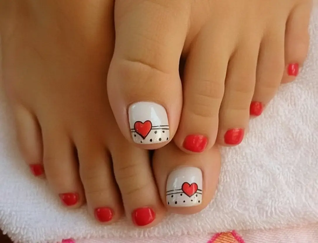 Toe Designs to Try in Summer 2025 Whimsical Dots and Hearts in Red and White