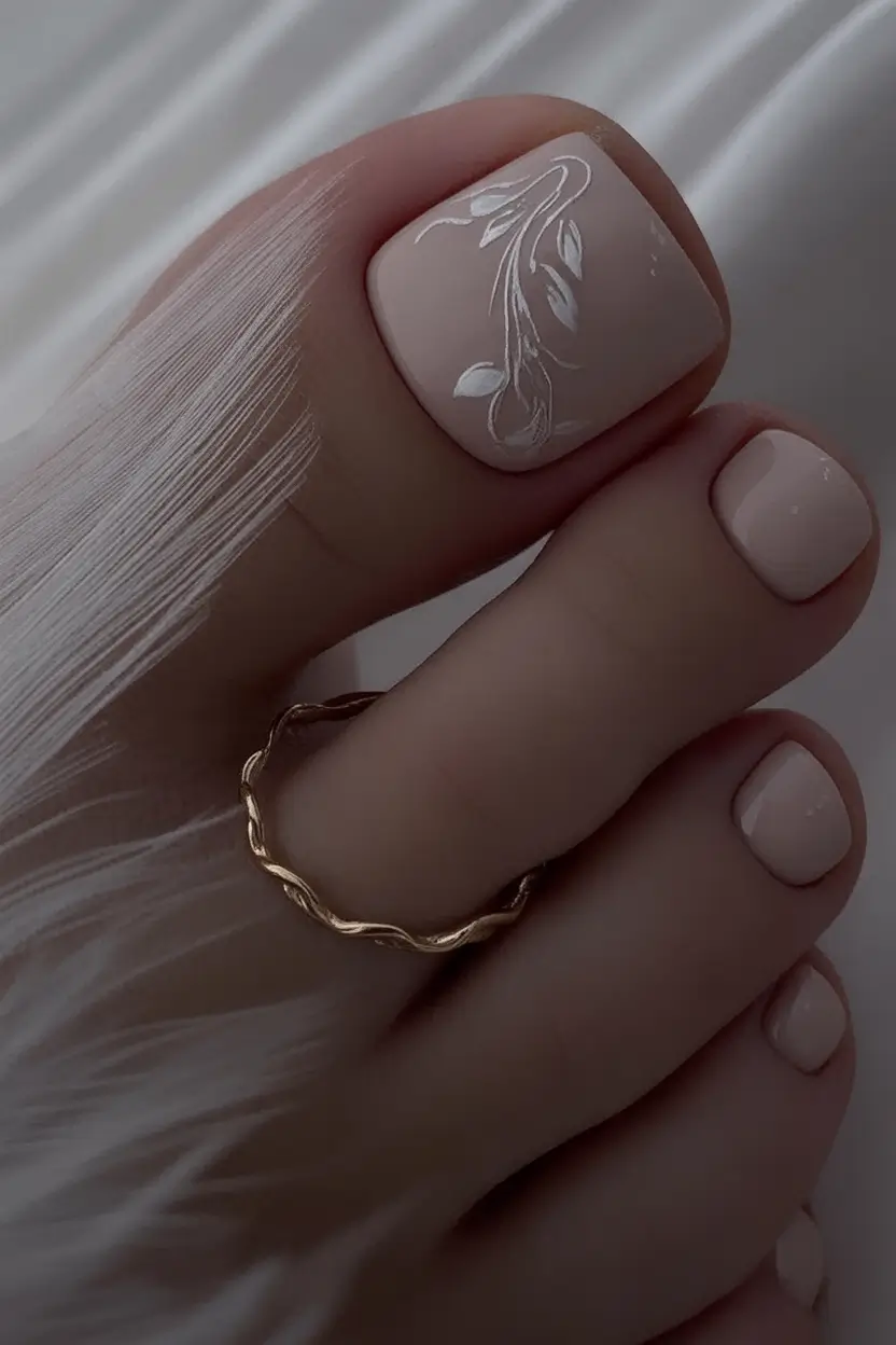 Toe Designs to Try in Summer 2025 Delicate Nude Leaf Detail