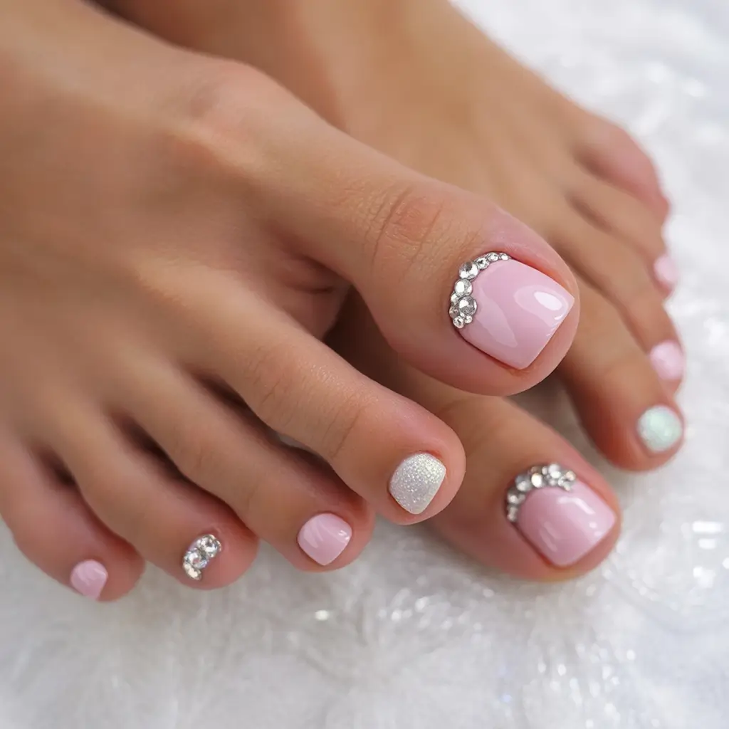 Toe designs to try in summer 2025 Sweet Glam: Baby Pink Rhinestone Wave