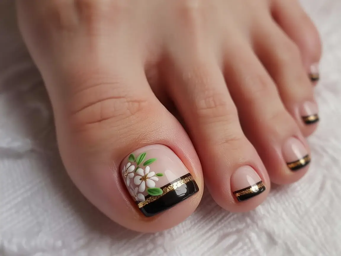 Toe Designs to Try in Summer 2025 Elegant Bloom: Black & Gold Daisy Fringe