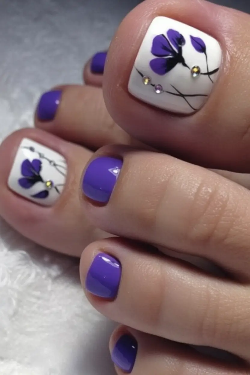 Toe Designs to Try in Summer 2025 Violet Bloom: Bold Purple With Floral Accents