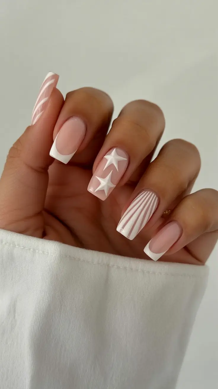 Top Nail Colors for Summer 2025 Minimalist White French with Star Accents