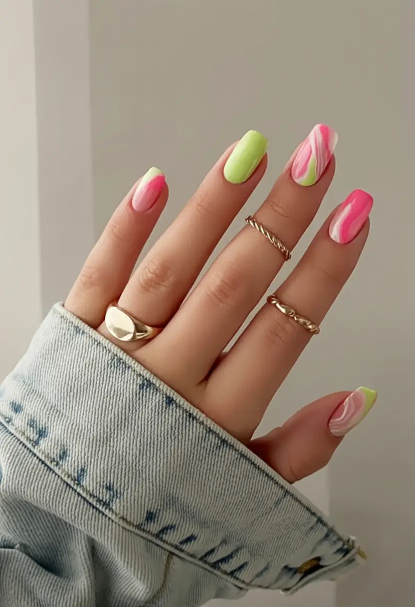 Top Nail Colors for Summer 2025 Strawberry Kiwi Swirl