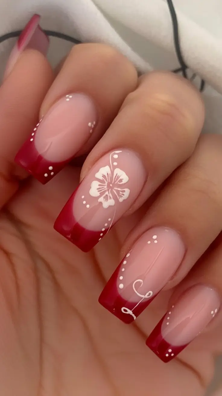 Summer 2025 previous nails color trends centerpiece crimson hibiscus french nails