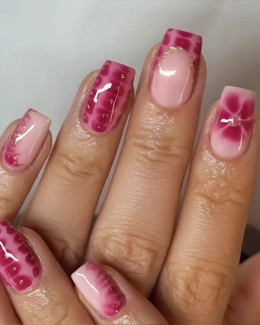 Top Nail Colors for Summer 2025 Watermelon Fade with Gold Speckles