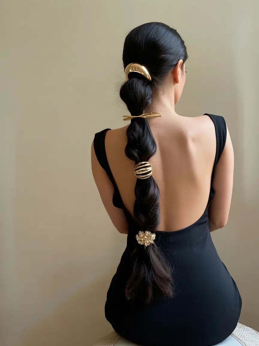 Trendy Ponytails for an Easy Summer Look 2025 Elevated Bubble Ponytail With Gold Accents