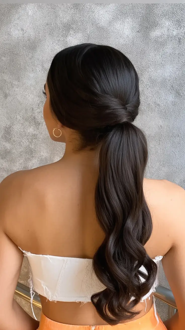 Trendy Ponytails for an Easy Summer Look 2025 Low Glossy Ponytail With Soft Twist