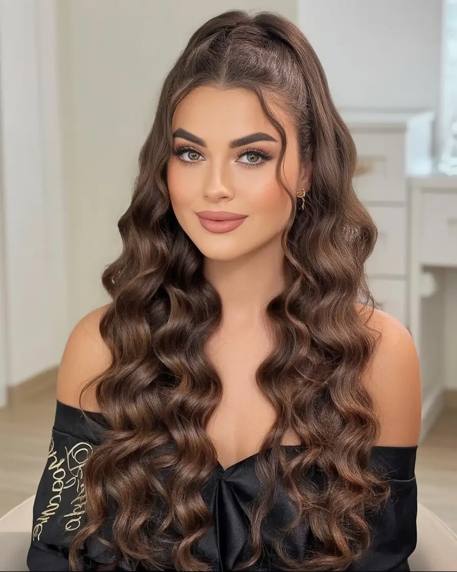 Trendy Ponytails for an Easy Summer Look 2025 Glossy Curls In Half-Up Ponytail