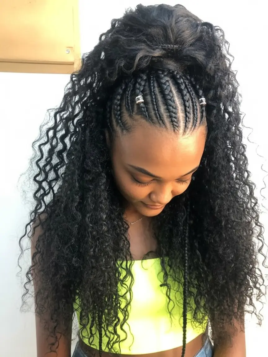Trendy Ponytails for an Easy Summer Look 2025 Half-Up Curly Ponytail With Tribal Braids