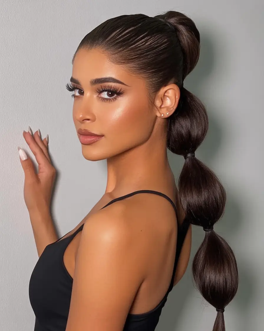 Trendy Ponytails for an Easy Summer Look 2025 Mid Bubble Ponytail With Slicked Crown