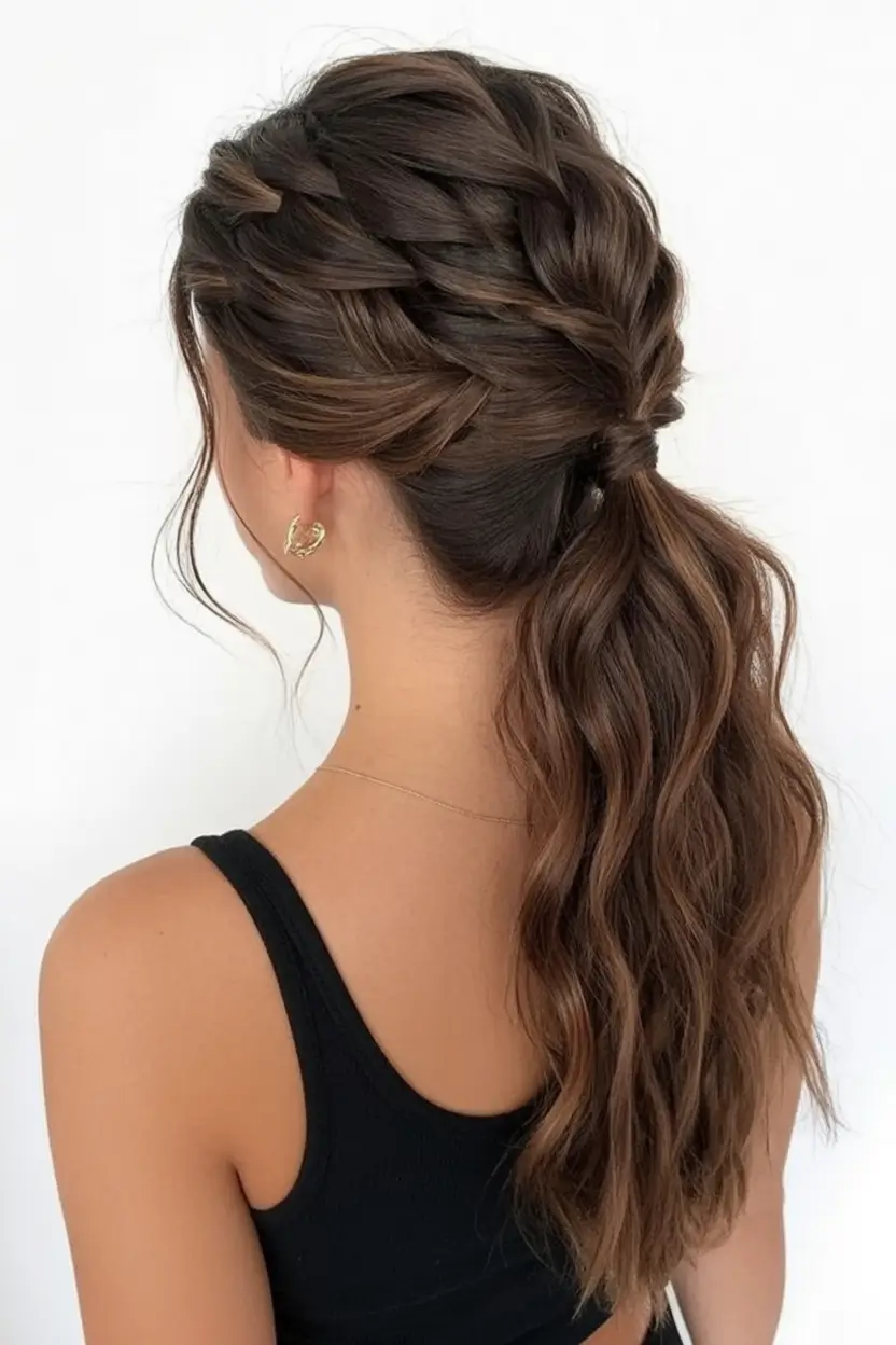 Trendy Ponytails for an Easy Summer Look 2025 Romantic Waves With Twisted Crown Ponytail