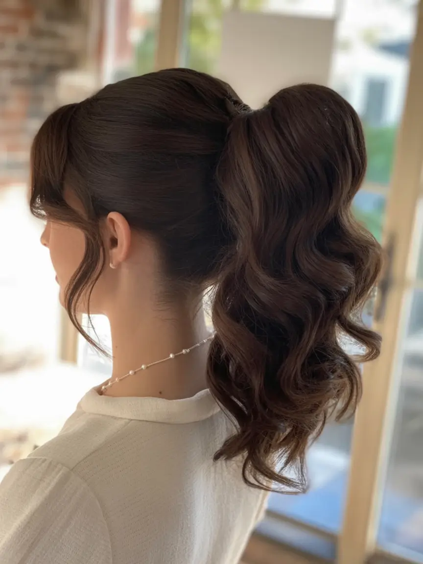Trendy Ponytails for an Easy Summer Look 2025 Romantic Curls with Curtain Bangs