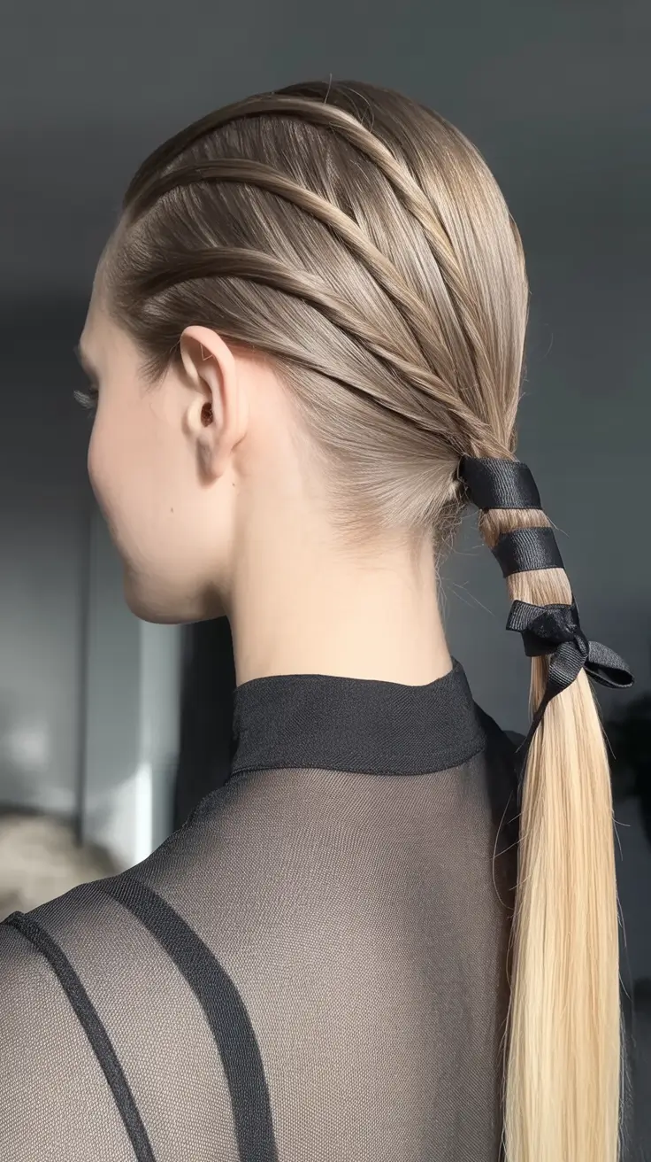 Trendy Ponytails for an Easy Summer Look 2025 Twisted Minimalist Ponytail With Ribbon Wrap