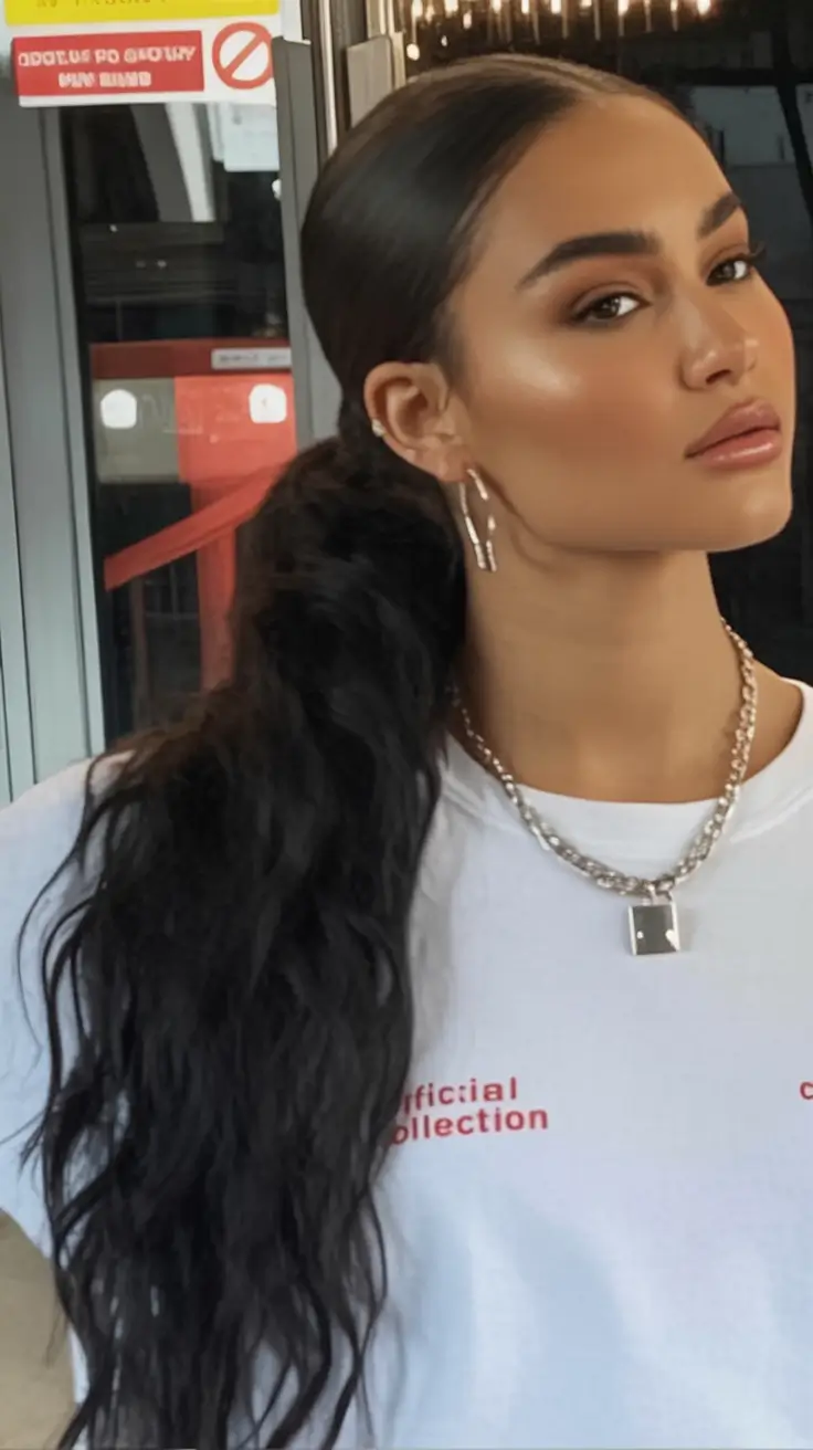 Trendy Ponytails for an Easy Summer Look 2025 Low Sleek Ponytail With Natural Waves