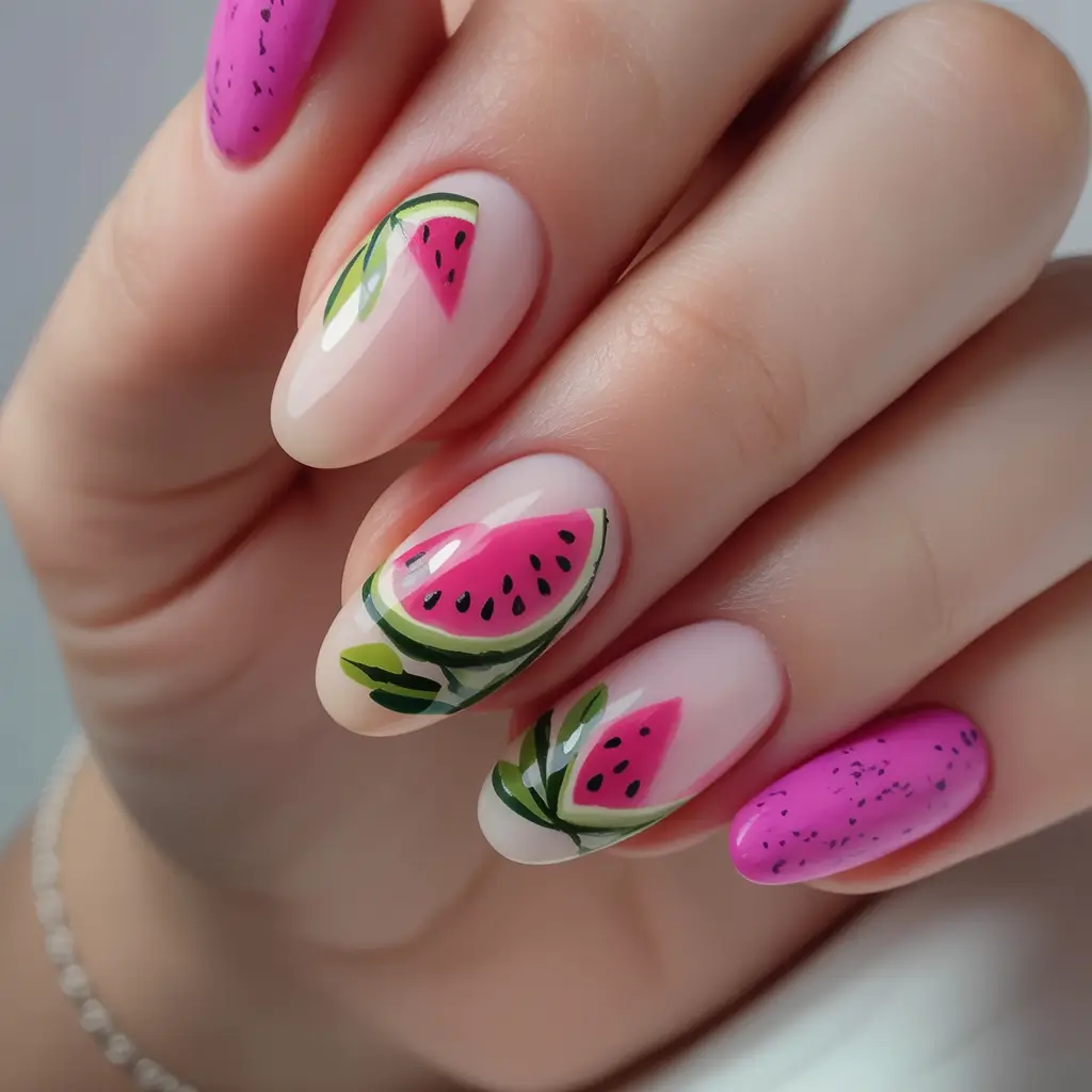Tropical Fruit Nails for Summer 2025 Watermelon Leaf Lines
