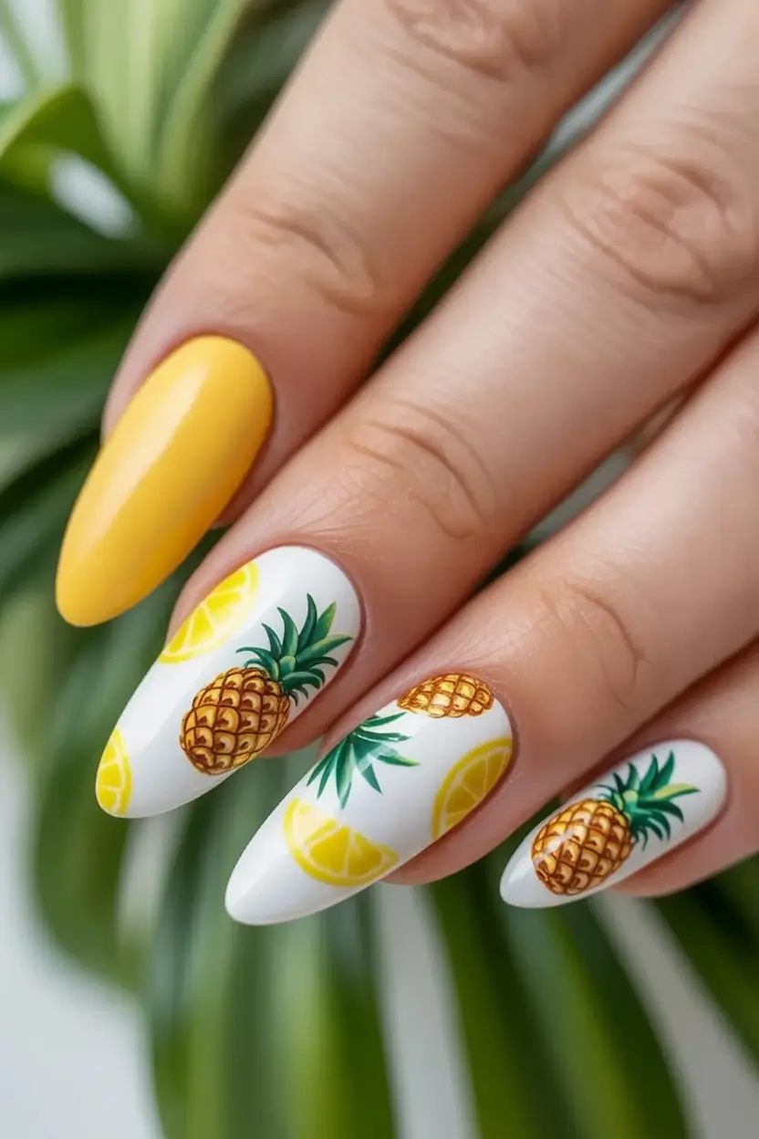Tropical Fruit Nails for Summer 2025 Pineapple Pairs with Lemon Flair