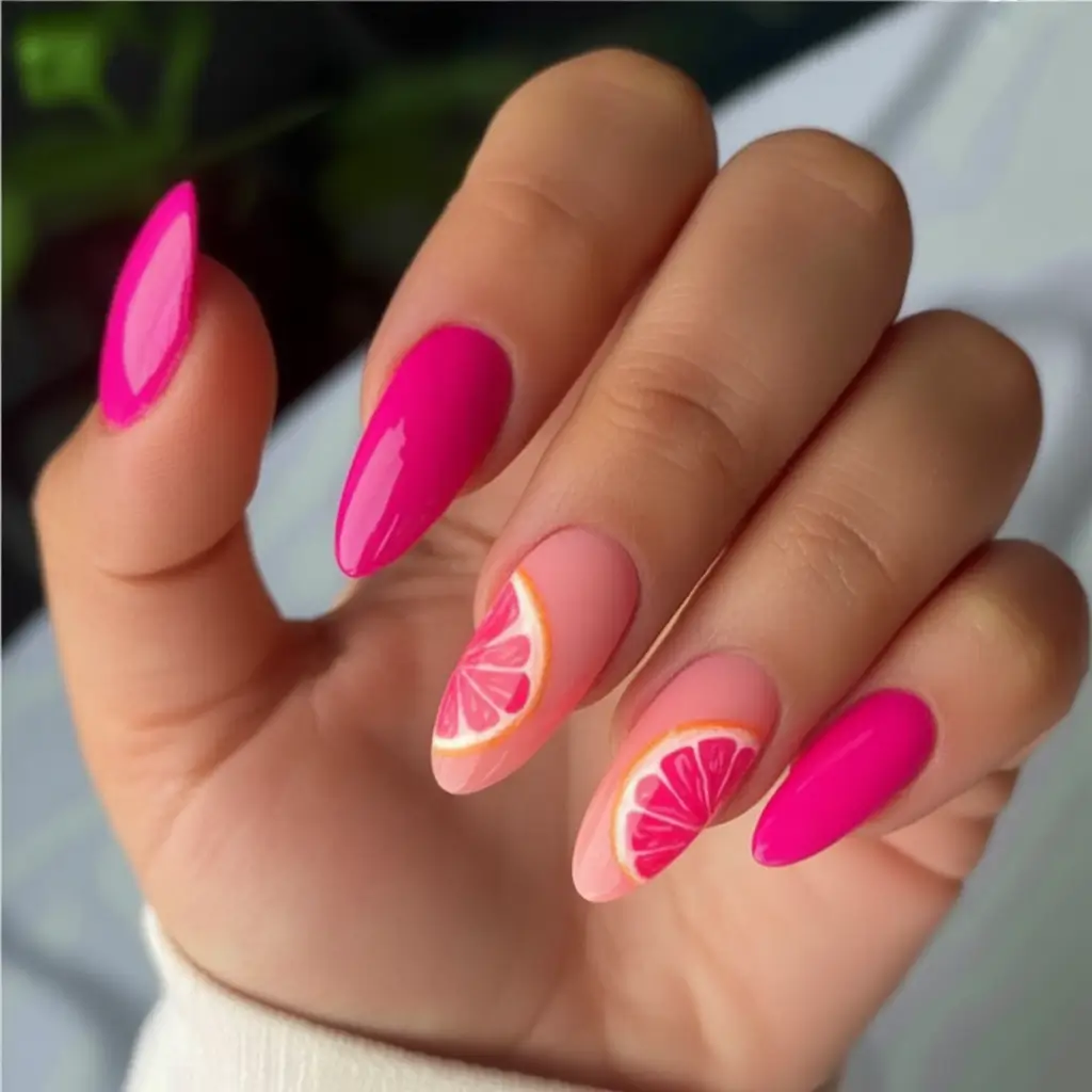 Tropical Fruit Nails for Summer 2025 Hot Pink Grapefruit Tips