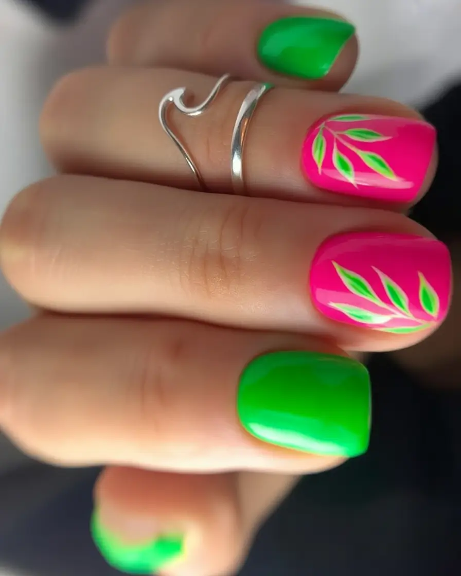 Tropical Vacation Nails 2025 Edition Neon Green And Pink Pop