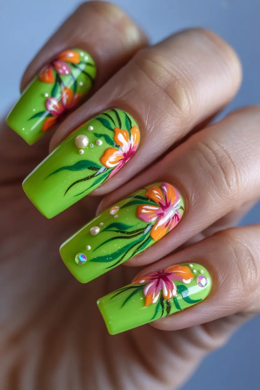 Tropical Vacation Nails 2025 Edition Lush Tropical Blooms