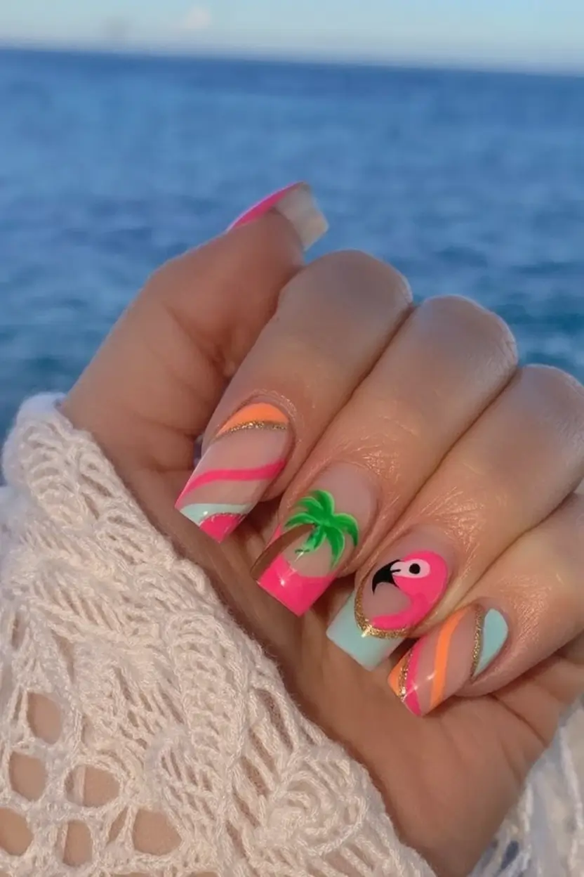 Tropical Vacation Nails 2025 Edition Flamingo Fantasy Pink and Palm Delight