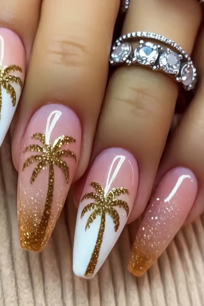 Tropical Vacation Nails 2025 Edition Golden Palm Tree Elegance