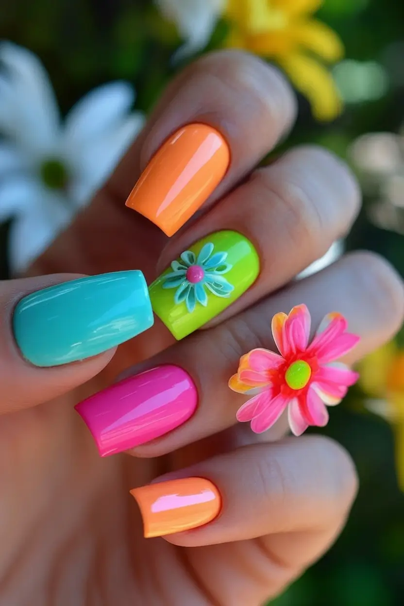 Tropical Vacation Nails 2025 Edition Neon Daisy Dream