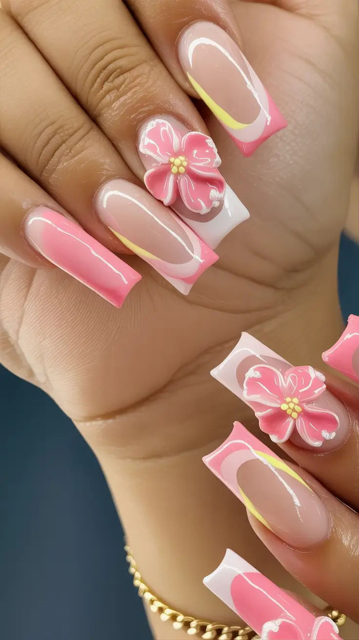Tropical Vacation Nails 2025 Edition Pink Tropical Flowers In 3D