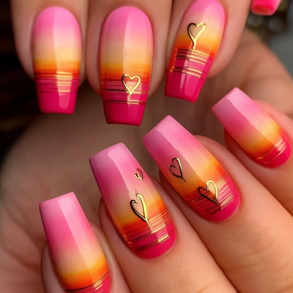 Tropical Vacation Nails 2025 Edition Golden Sunset Hearts