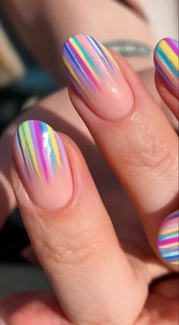 Vacation Nails to Pack for Summer 2025 Rainbow Micro-Lines on Nude Base