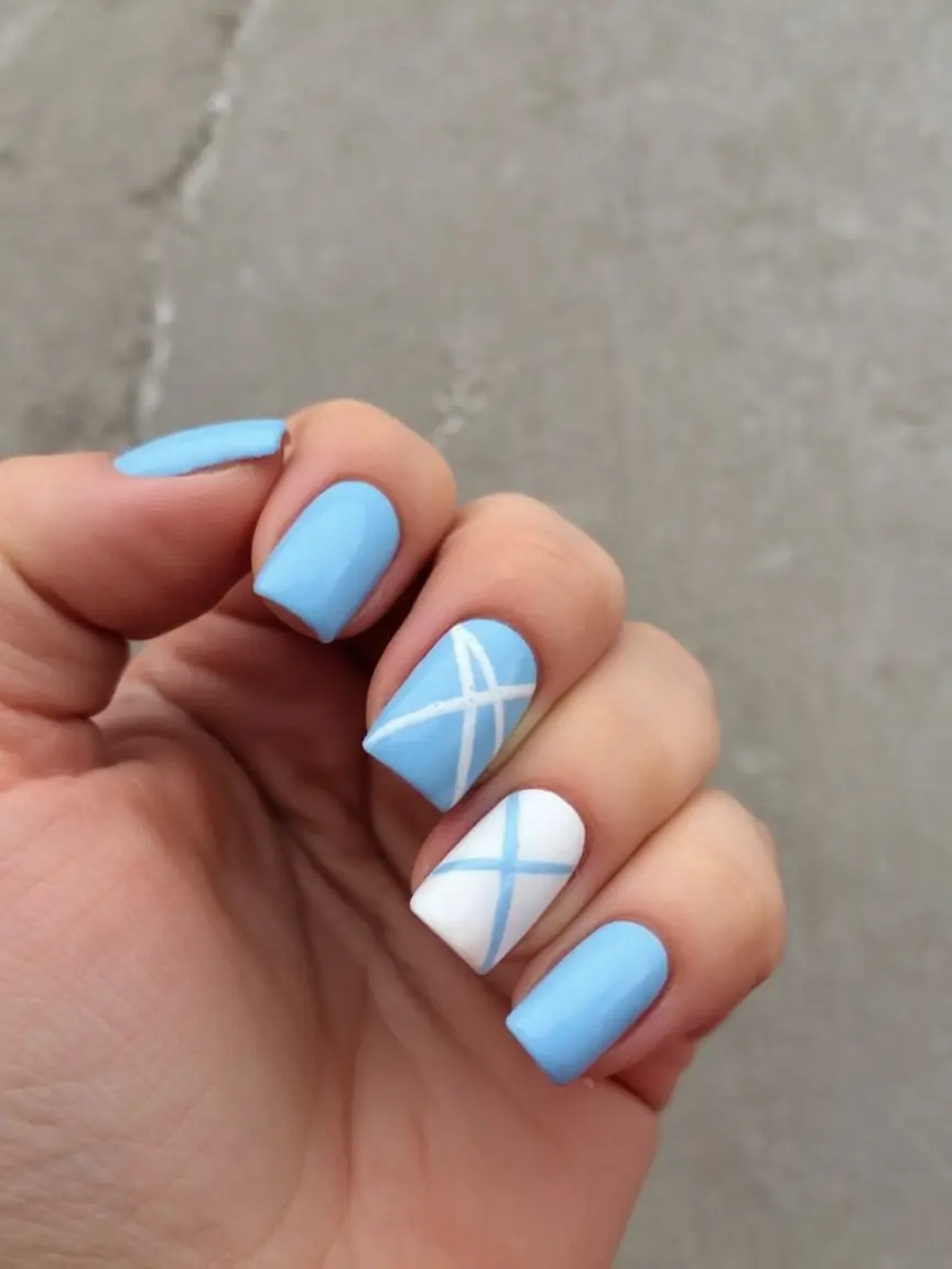 Vacation Nails to Pack for Summer 2025 Sky Blue Grid Meets Coastal White