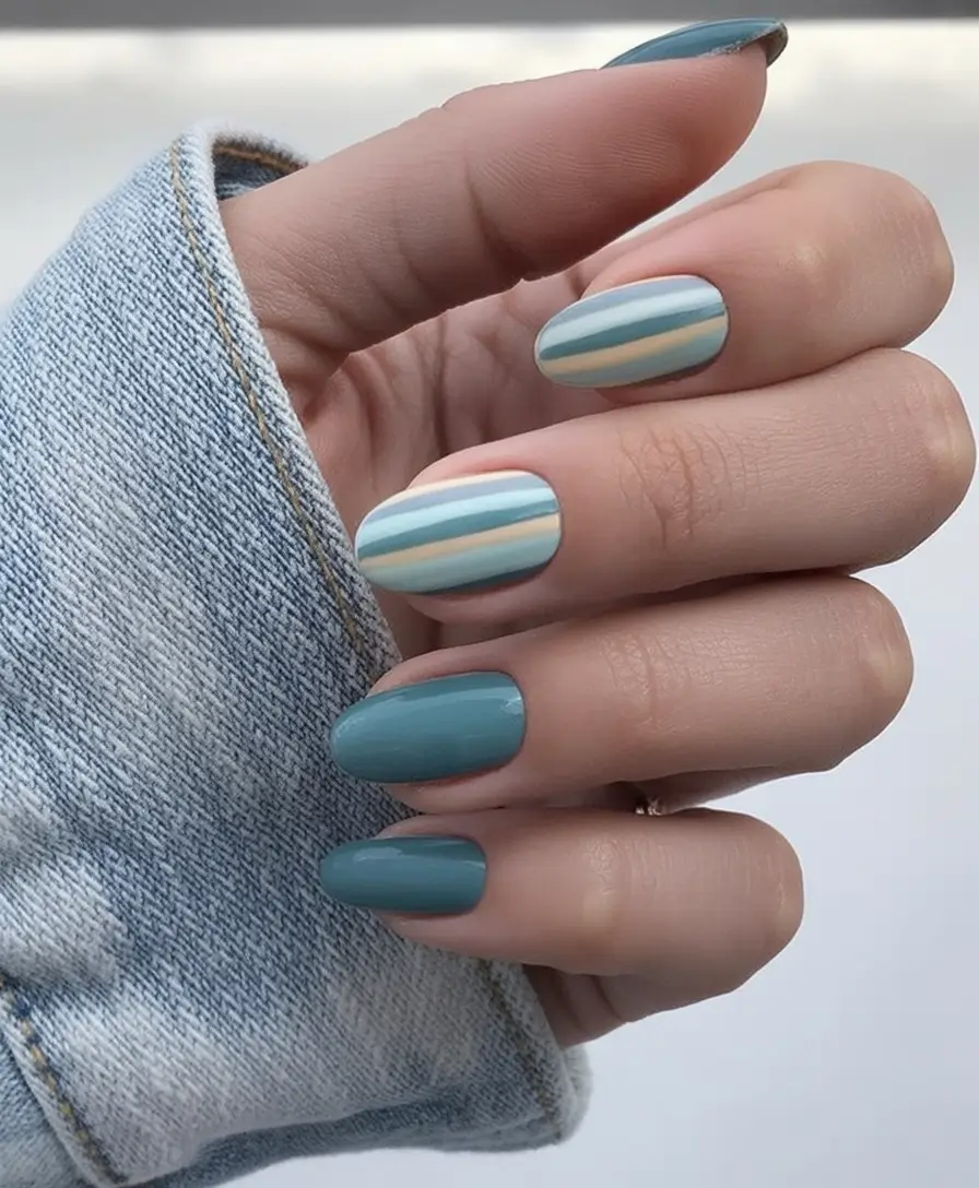 Vacation Nails to Pack for Summer 2025 Retro Stripes on Sea Blue