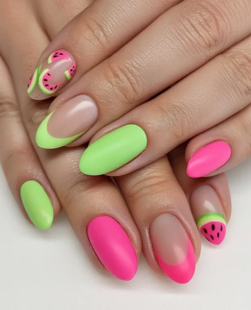 Watermelon Nails for Summer 2025 Neon Matte With Graphic Slice Play