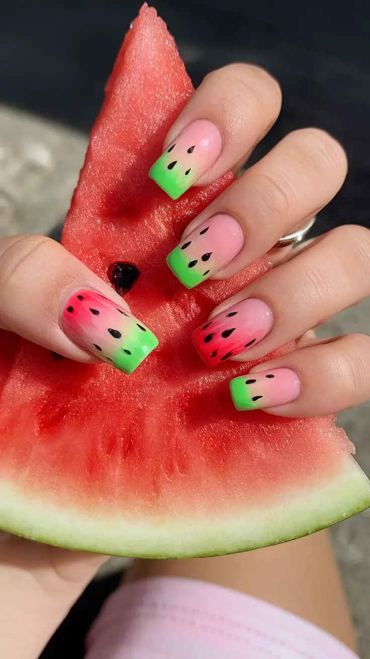 Watermelon Nails for Summer 2025 Sunset Dip With Neon Rind Tips