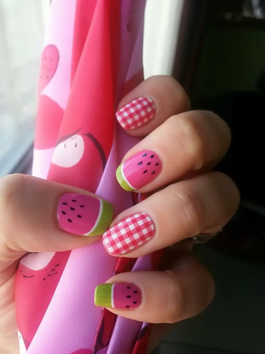 Watermelon Nails for Summer 2025 Picnic Chic With a Gingham Pop