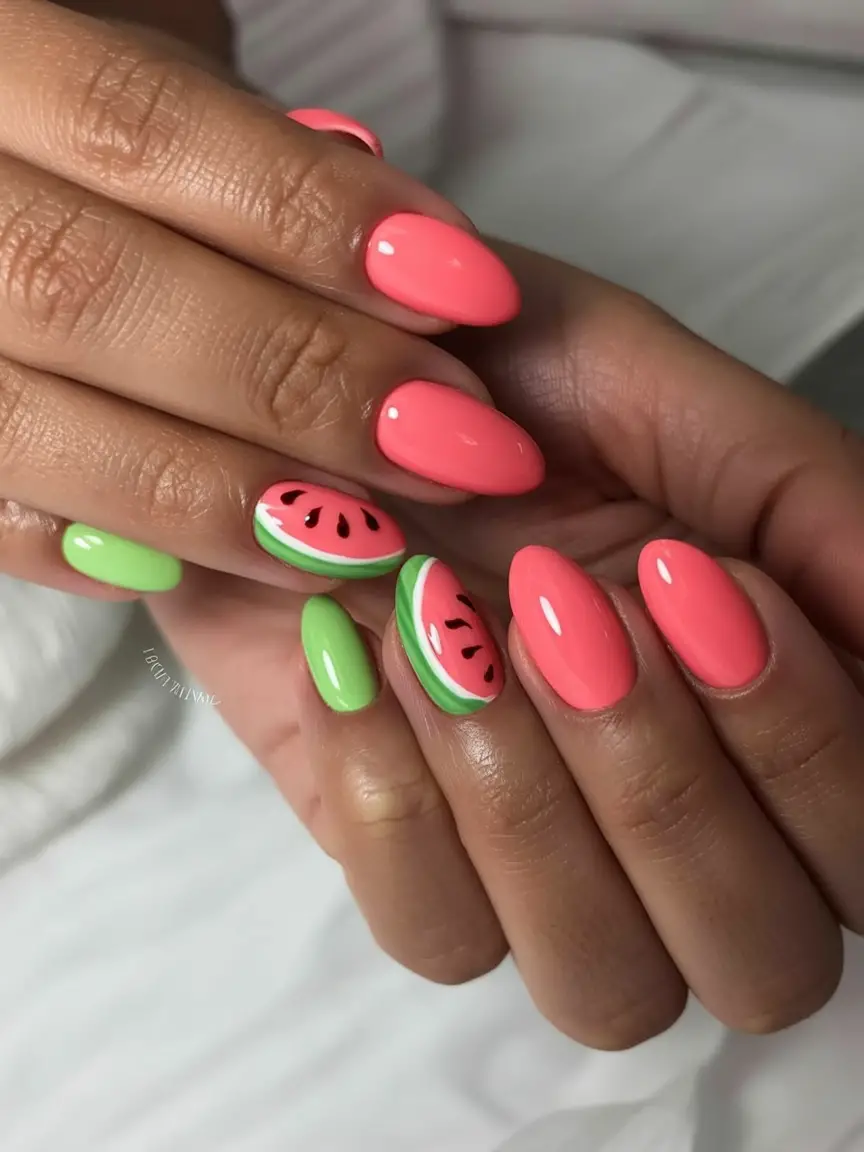 Watermelon Nails for Summer 2025 Glossy Almond Blend With Playful Accent