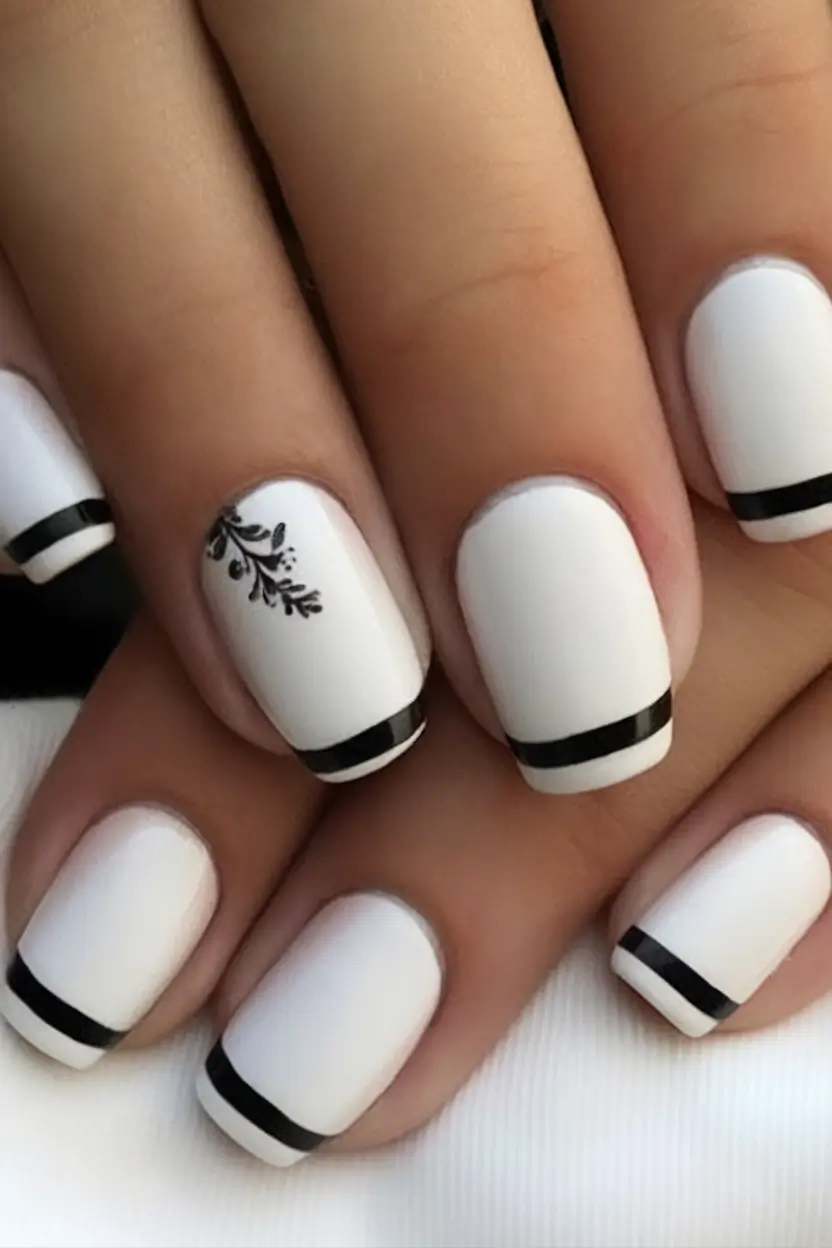 White Nails Made for Summer 2025 Modern Minimalist Lines With Leaf Detail