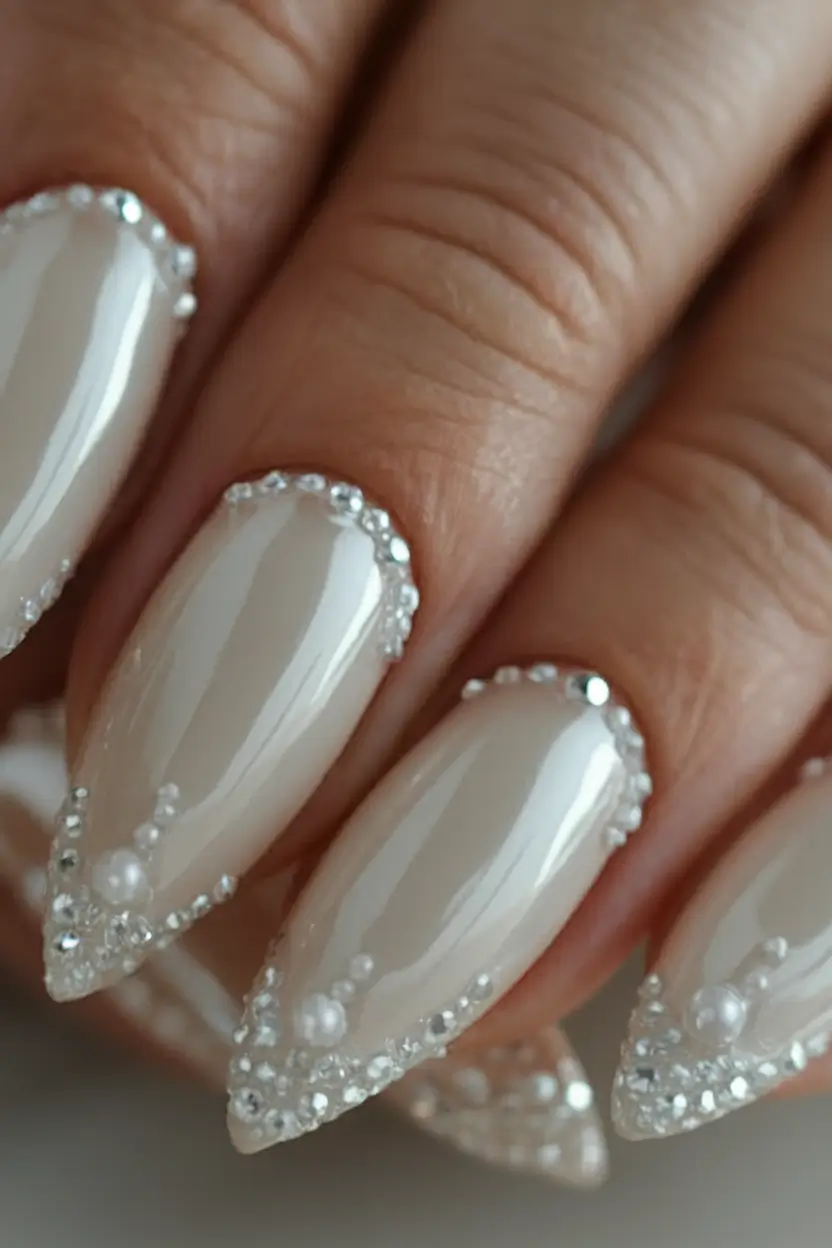 White Nails Made for Summer 2025 Pearl-Crystal Cuticle Detailing