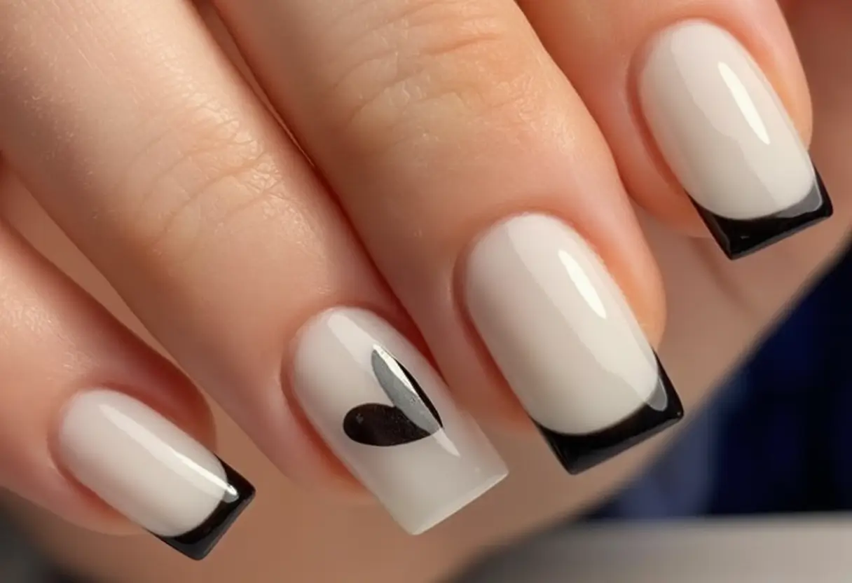 White Nails Made for Summer 2025 Black-Tipped French With Heart Accent