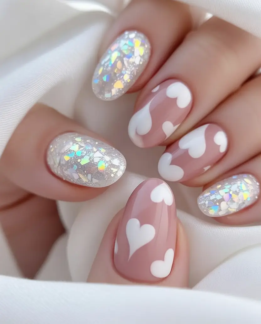 White Nails Made for Summer 2025 Romantic Shimmer with Heart Accents