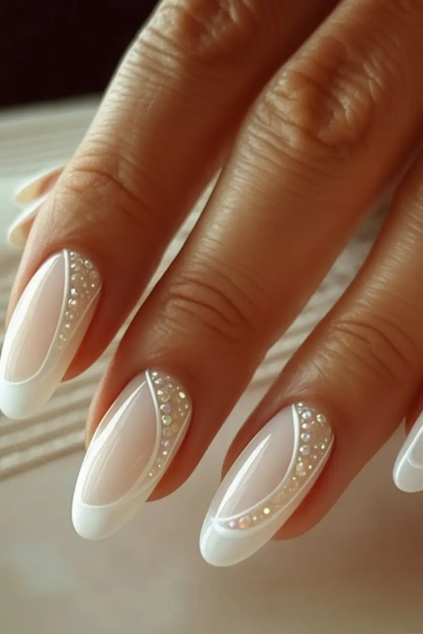 White Nails Made for Summer 2025 Crystal-Lined Almond Elegance