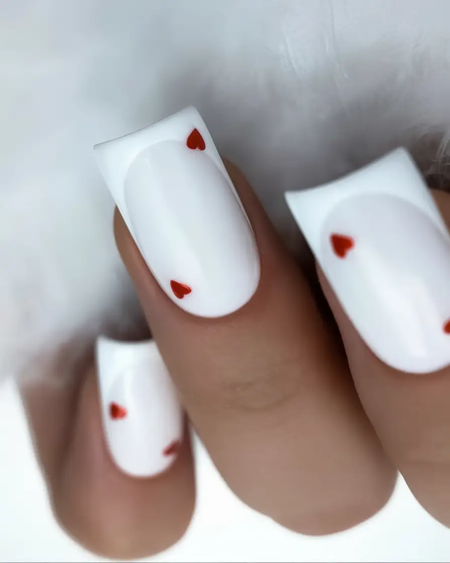 White Nails Made for Summer 2025 Red Hearts & Bold Square Tips