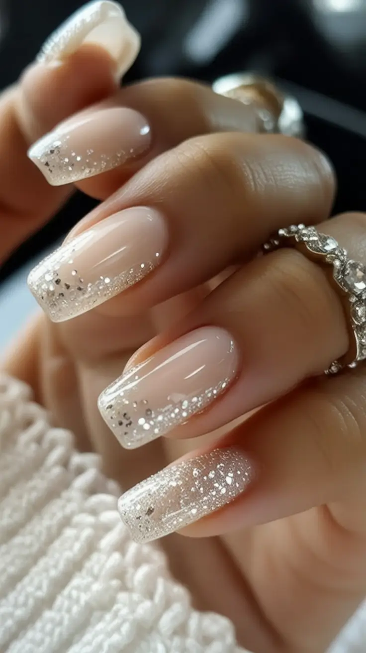 White Nails Made for Summer 2025 Silver Dust Soft Square Sparkle