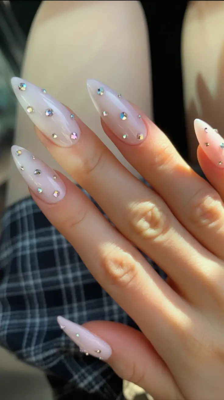 White Nails Made for Summer 2025 Gem-Dusted Almond Glaze